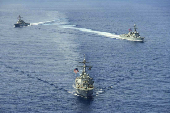 資料圖:美軍3艘宙斯盾艦出沒中國南海。